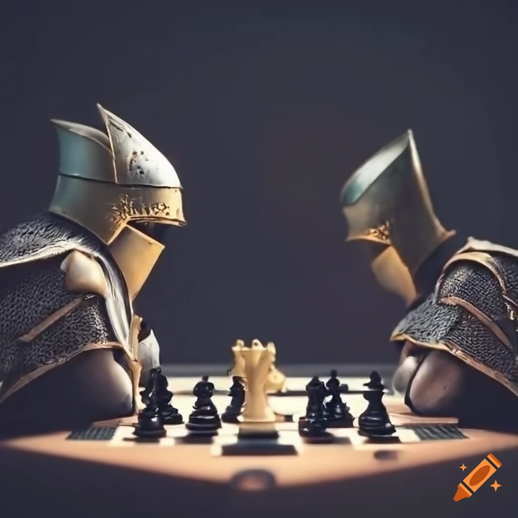 Two knights playing chess in chairs