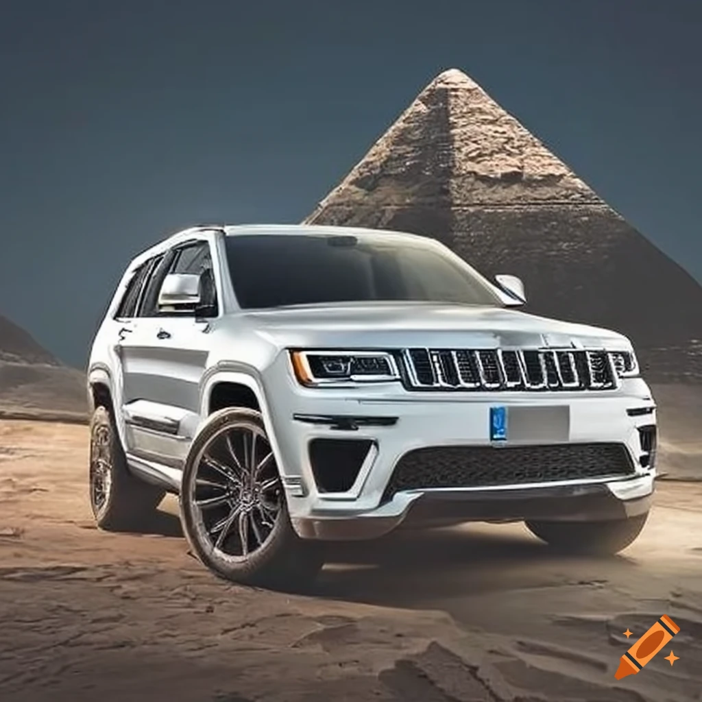 White jeep grand cherokee altitude on egyptian pyramid on Craiyon