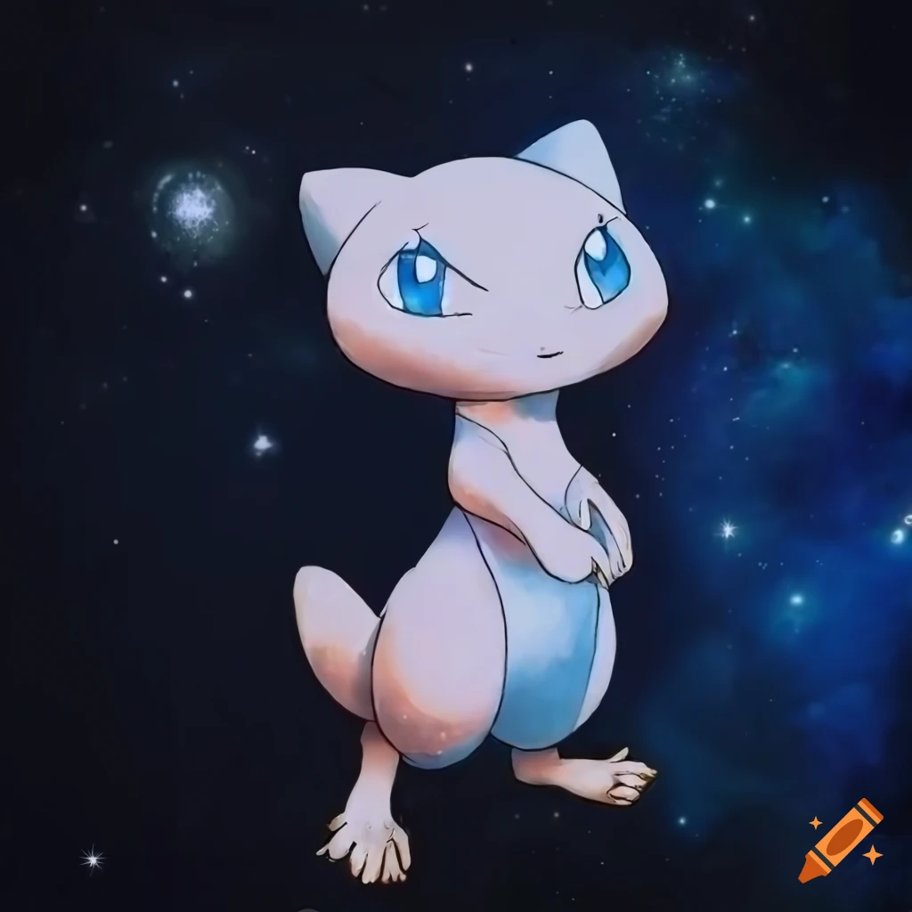 Mew Pokemon under a starry sky in a detailed renaissance fresco