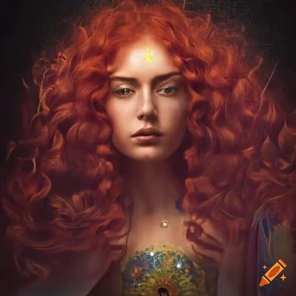 Celestial girl with brunette and red curls surrounded by tarot cards