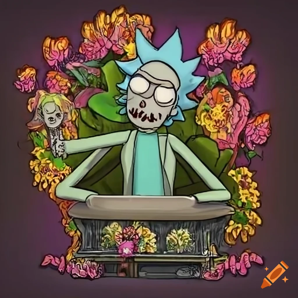 Zombie rick and morty with flowers on casket on Craiyon