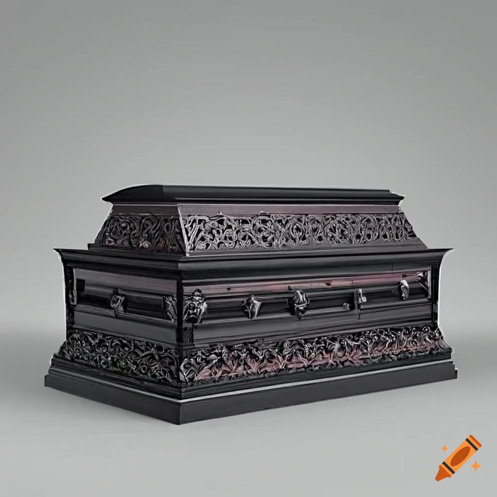 Gothic coffin with intricate details on a plain white backdrop