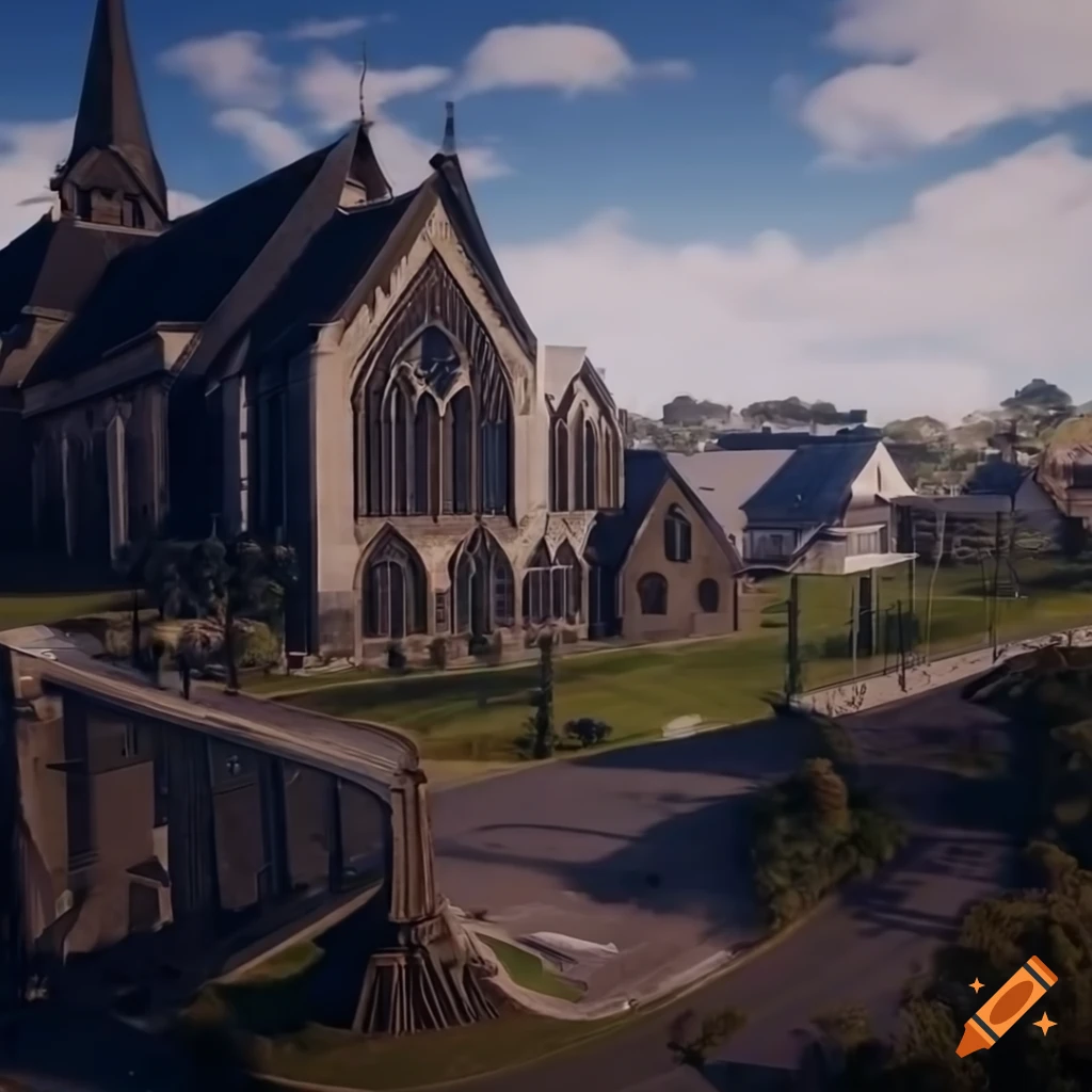 Aerial view of Australian sci-fi town with white houses and black roofs