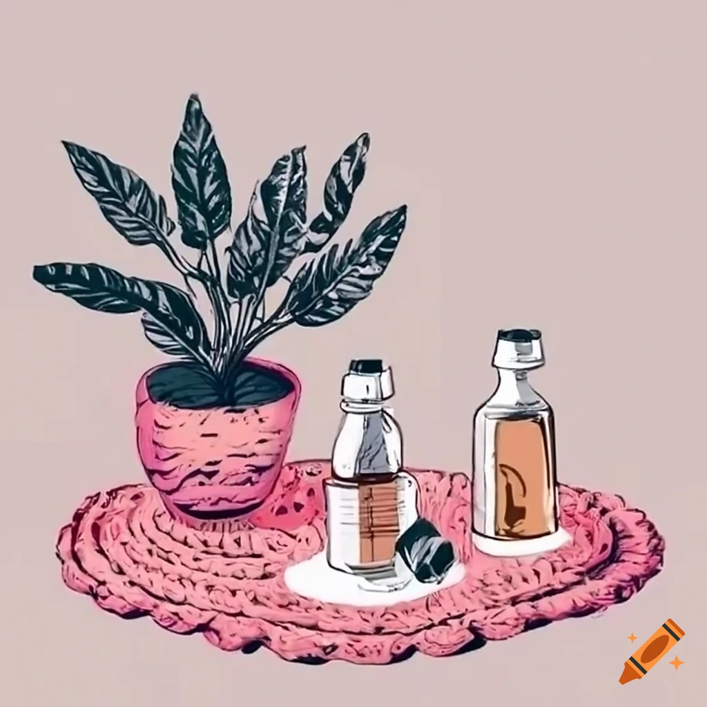 Homey setup with pot plant and essential oils on a crochet placemat
