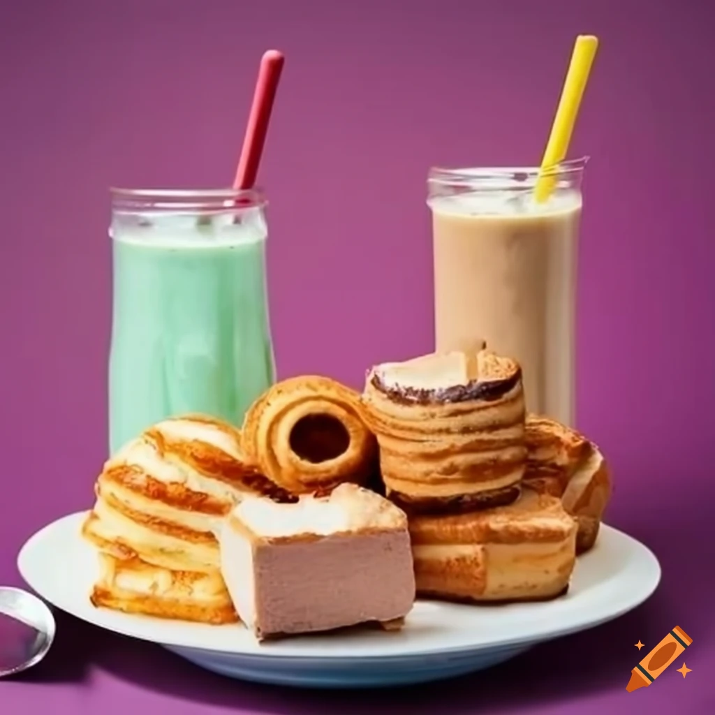Scrumptious arrangement of breakfast pastries, smoothies, cakes, shakes and sugar bowl