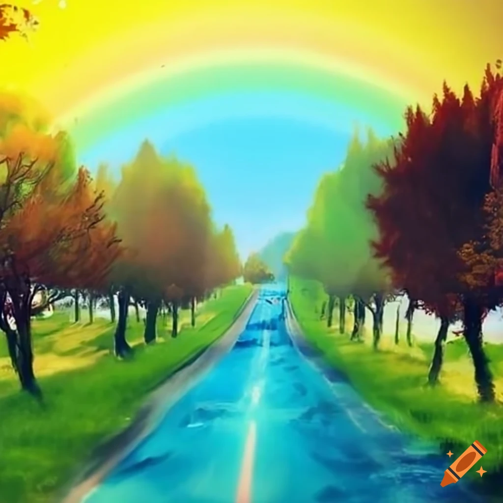 Rainbow road with a hippie van and a happiness sign