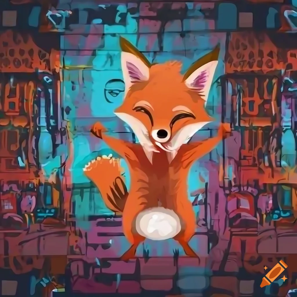 Happy fox celebrating success with advanced AI technology in graffiti background