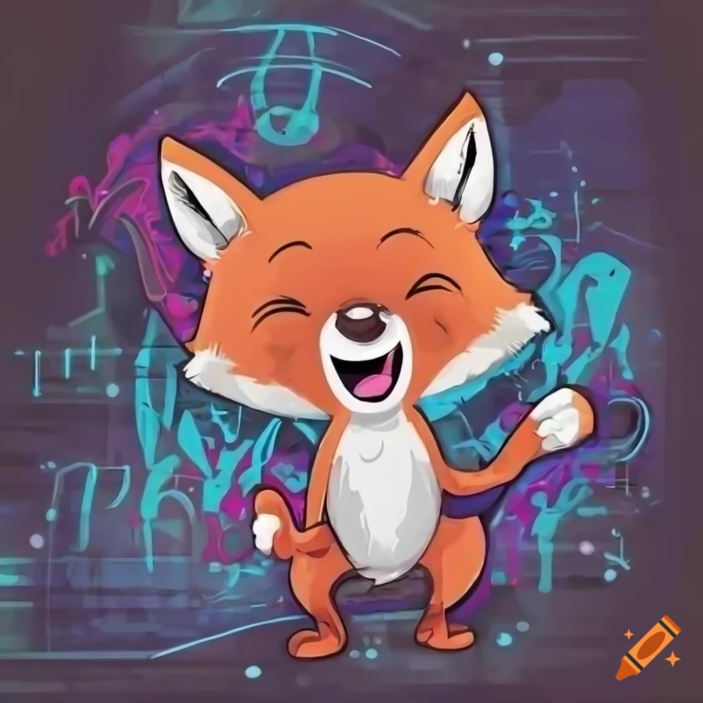Happy fox celebrating success with advanced AI technology in graffiti background