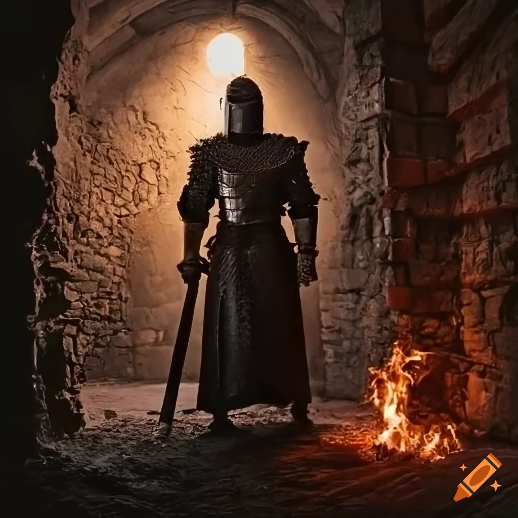 Medieval knight in black armor at dungeon entrance with torches
