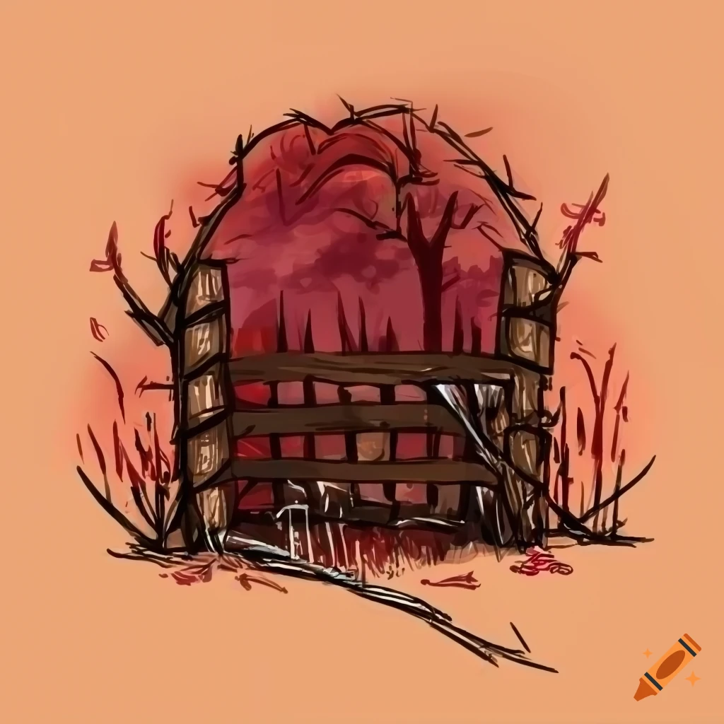 Forest behind a wooden fence with a basket of berries in a dark red palette