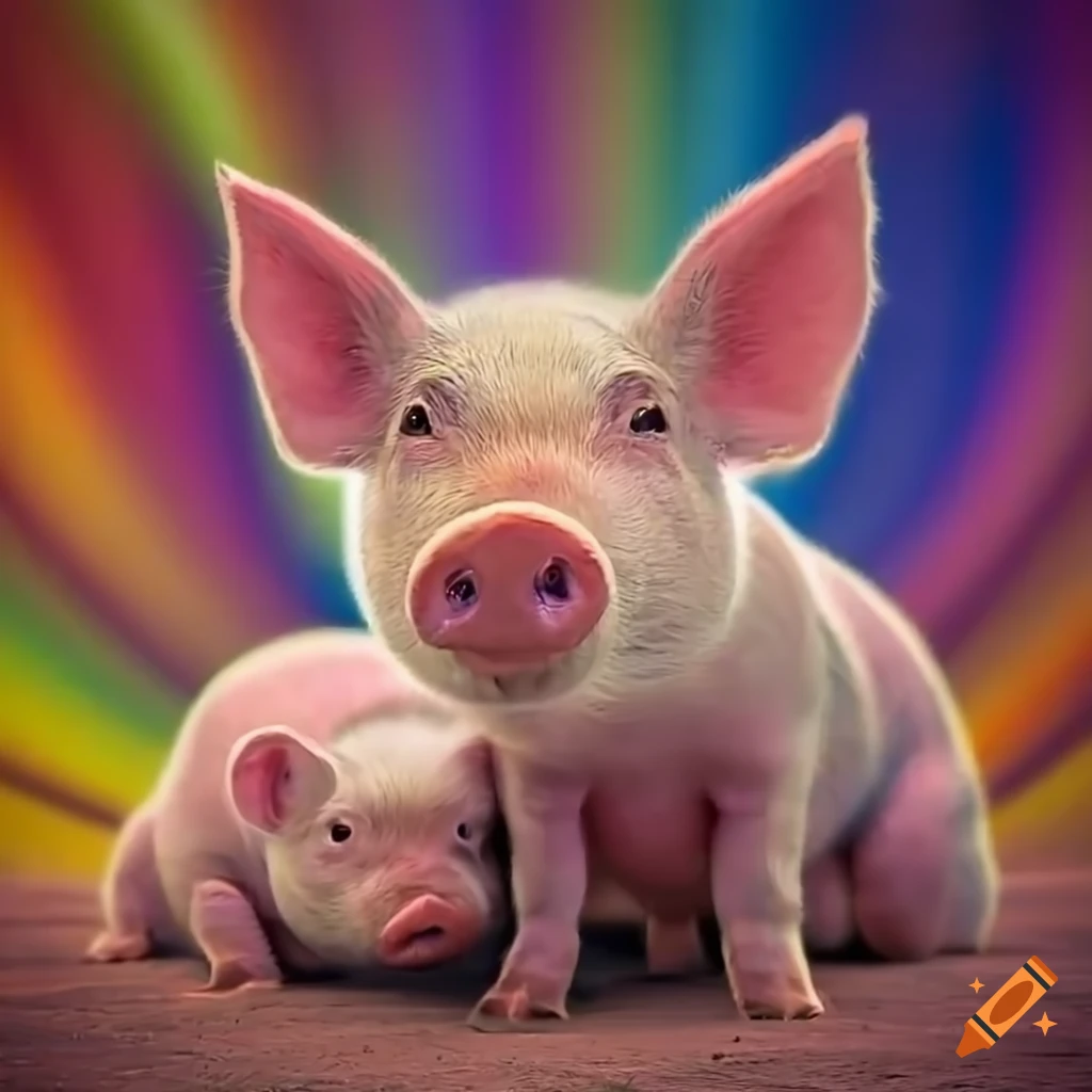 Two cute pigs hugging in front of a colorful background