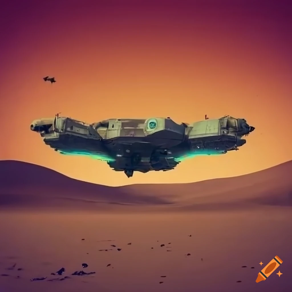 Futuristic flying tank in a dramatic desert landscape