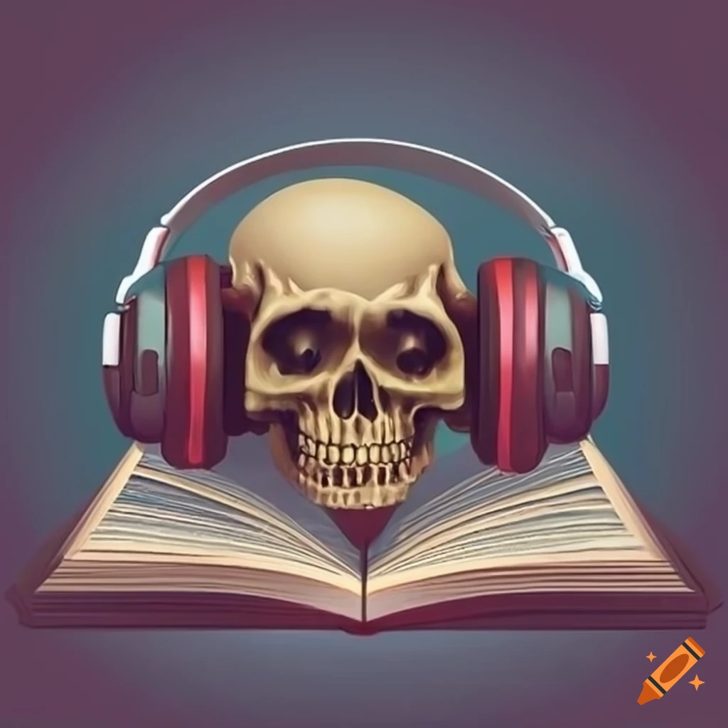 Skull with headphones over a book