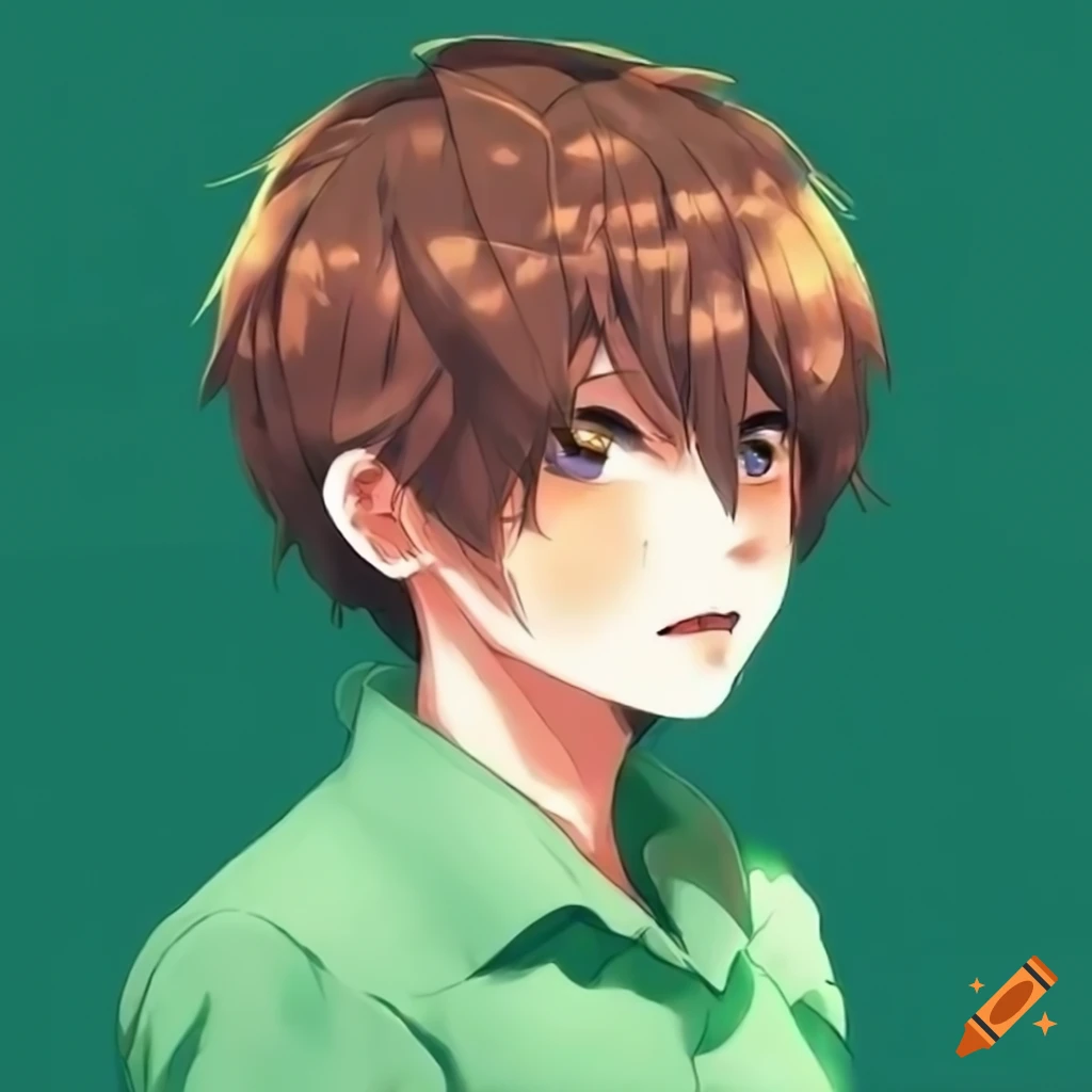 Cute anime boy with brown hair, green shirt, and orange pants
