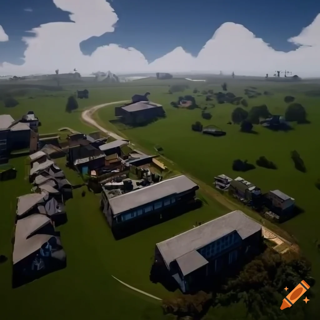 Aerial view of Australian sci-fi town with white houses and black roofs