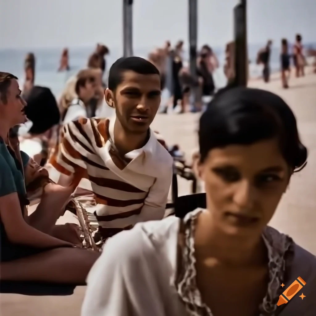 Small crowd of people with black hair and Arabic features sitting in a seaside park