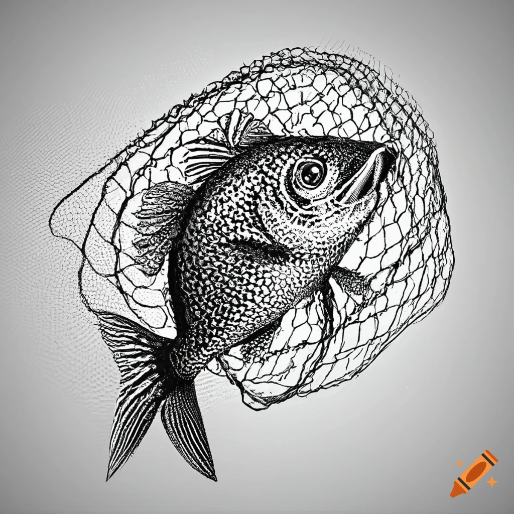 Illustration of fish caught in a fishing net in black and white on