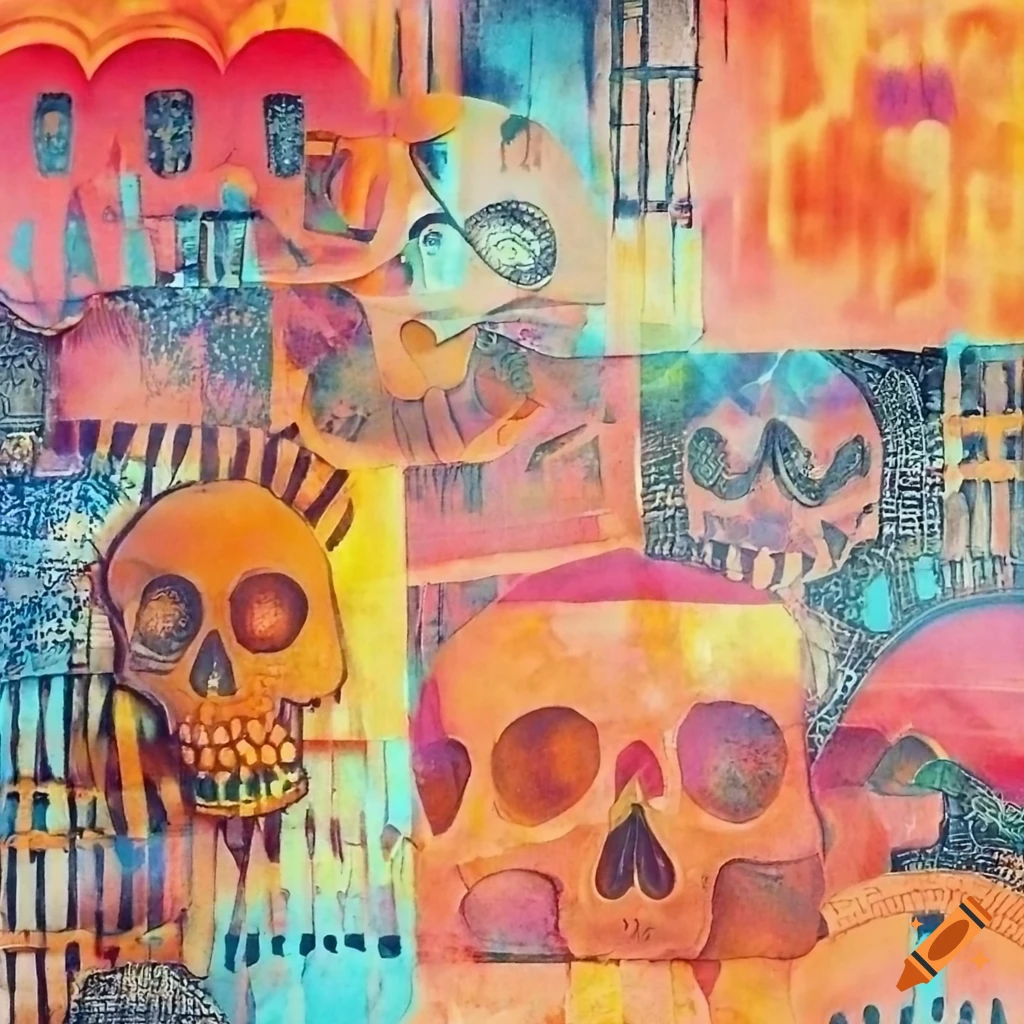 Eclectic mixed media collage with artisan quality and woodblock print texture