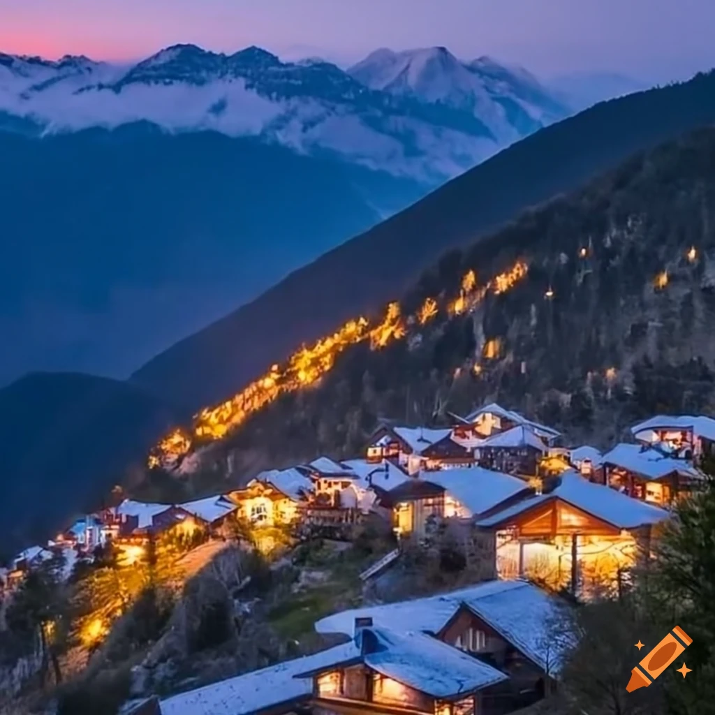 Mountain village with house lights on at night