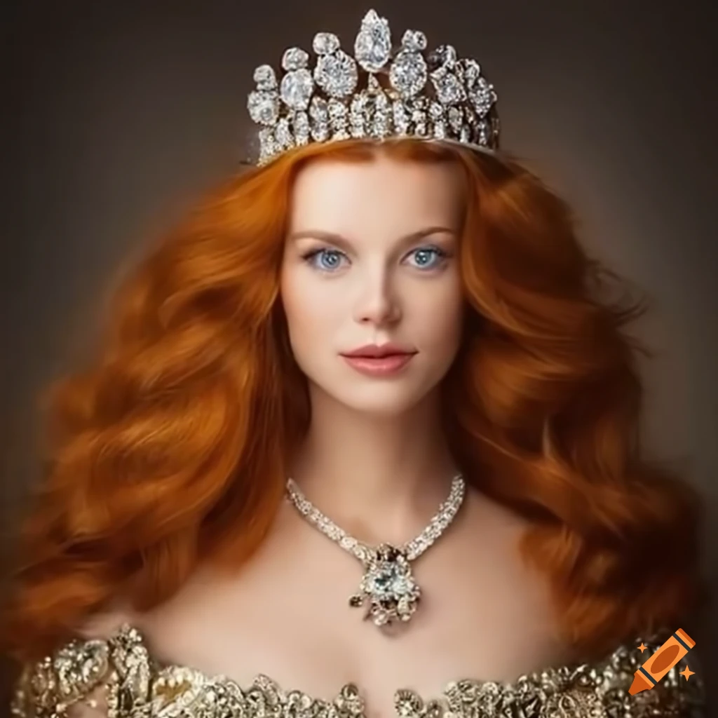 Ginger-haired princess in elegant royal attire and jewelry on Craiyon