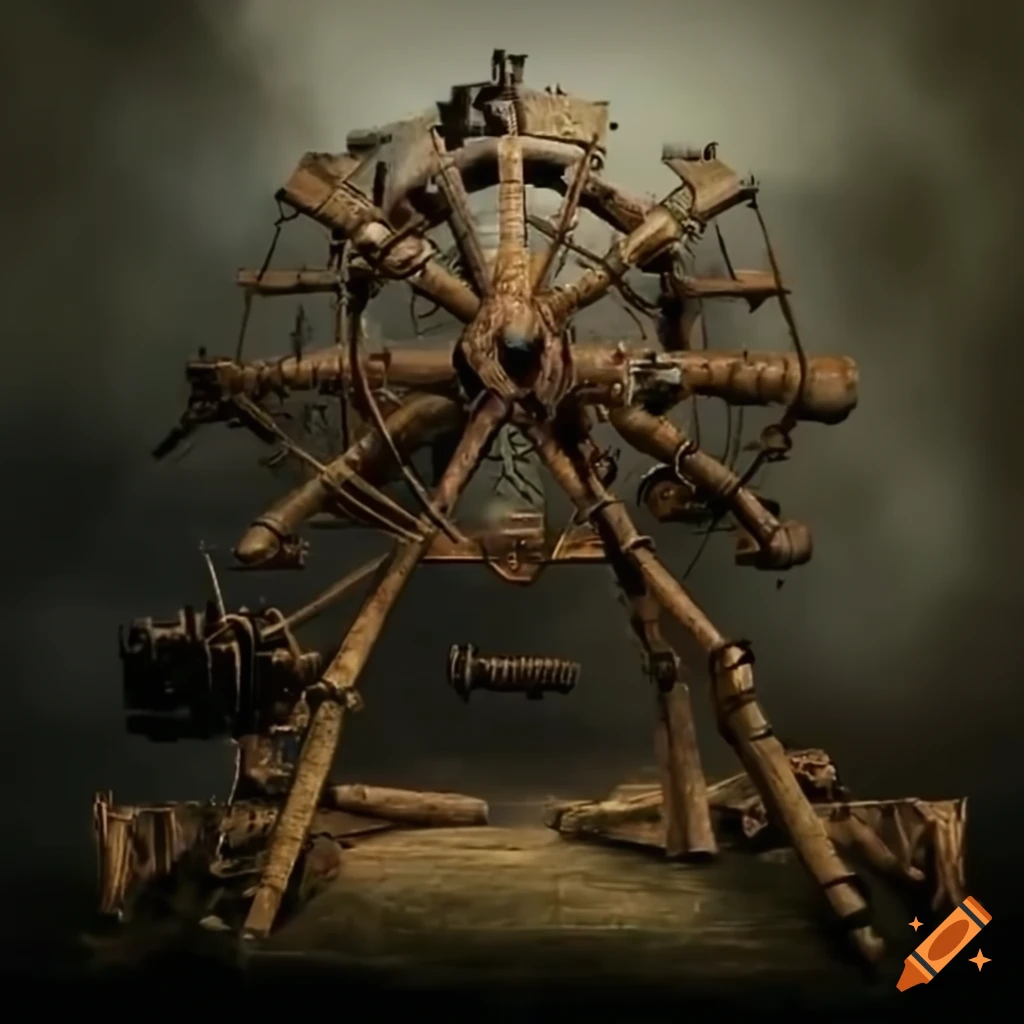 Intricate war engine with various siege weapons on a deadly battlefield