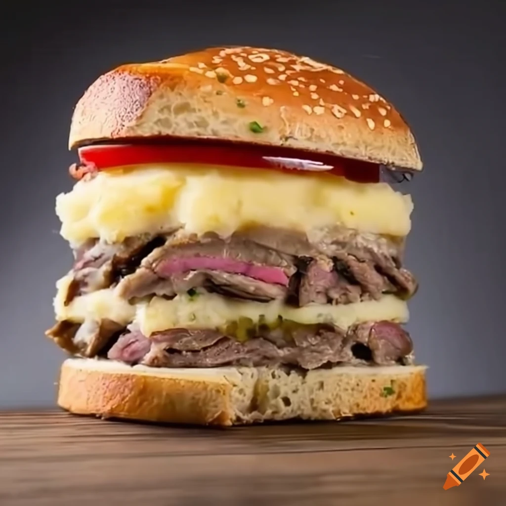 5 layer steak sandwich with mashed potatoes and gravy