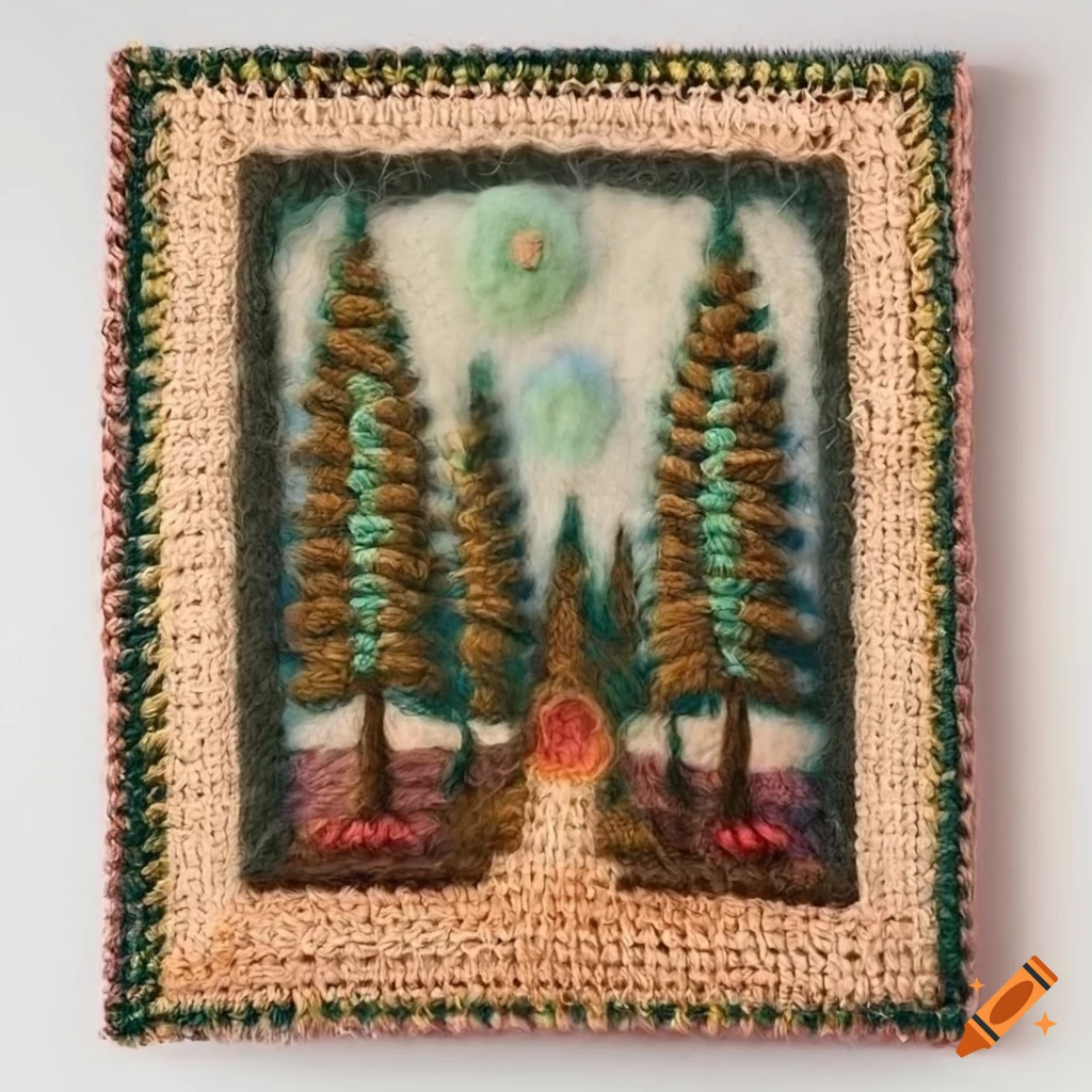 Felted textile painting with crochet frames, beads, tassels, flowers, pine trees, and Egyptian vibes