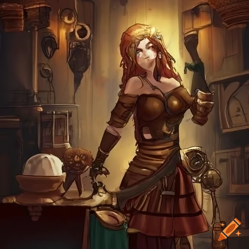 Dissatisfied customer at a steampunk market in a fantasy art style