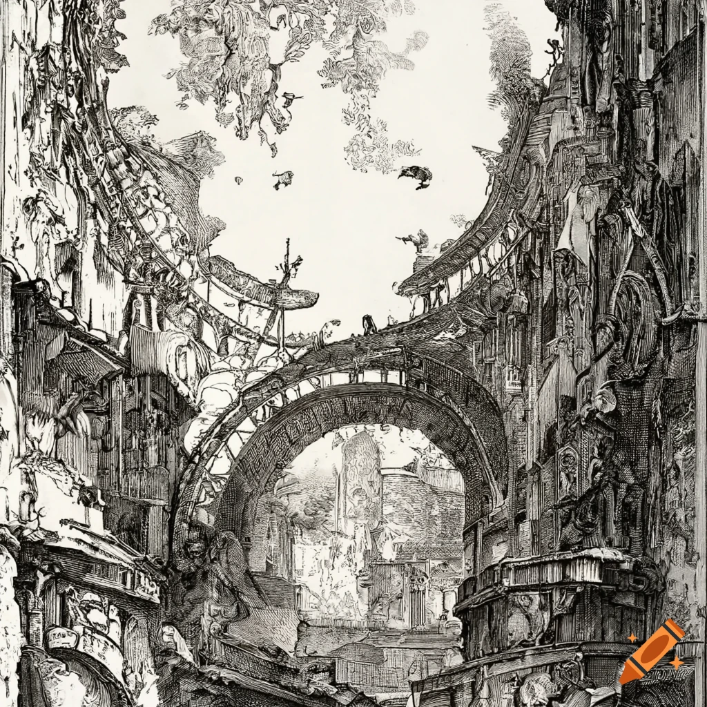 People riding a roller coaster among ruins in an etching
