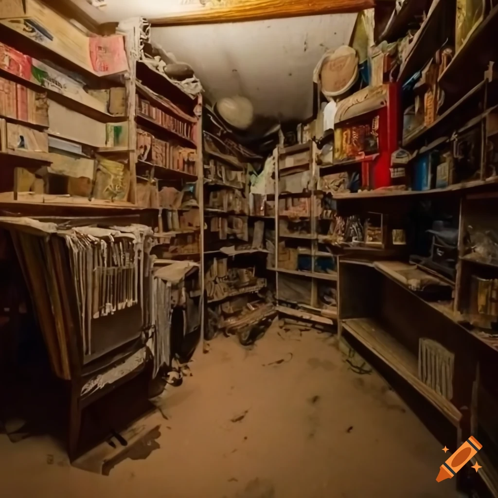 Archival shelves in a dilapidated basement full of old junk and mess