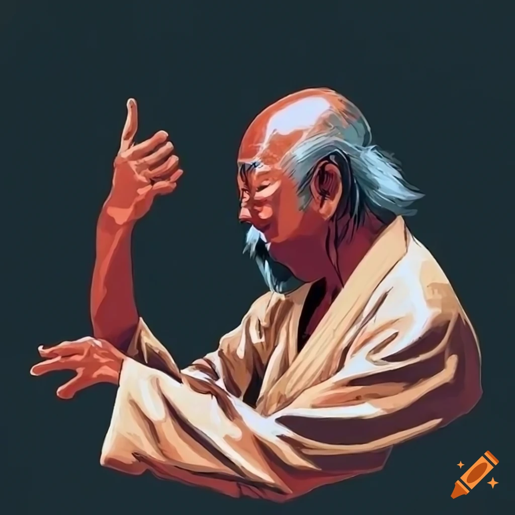 Mr. Miyagi teaching The Karate Kid in the style of Pierre Joubert