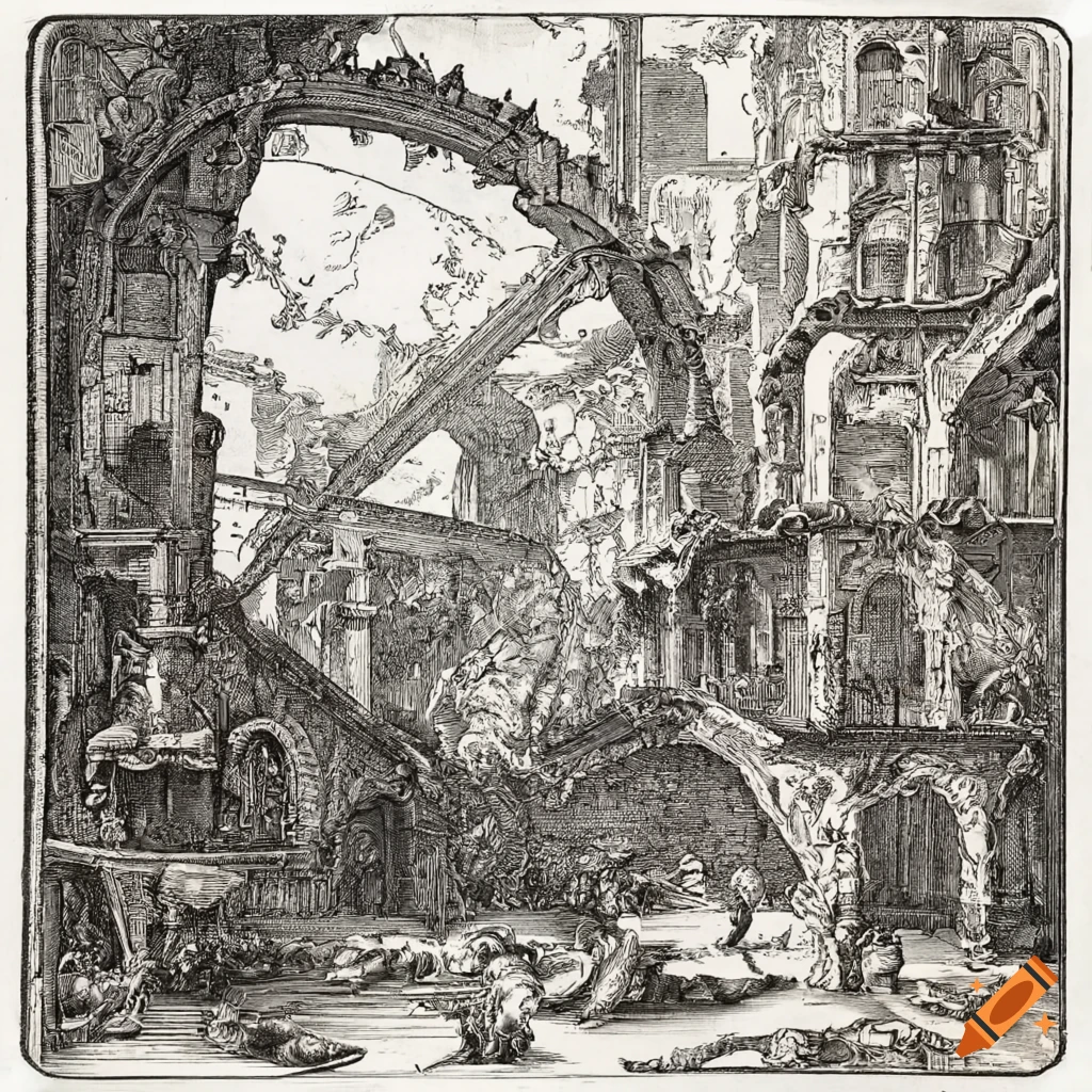 People riding a roller coaster among ruins in an etching