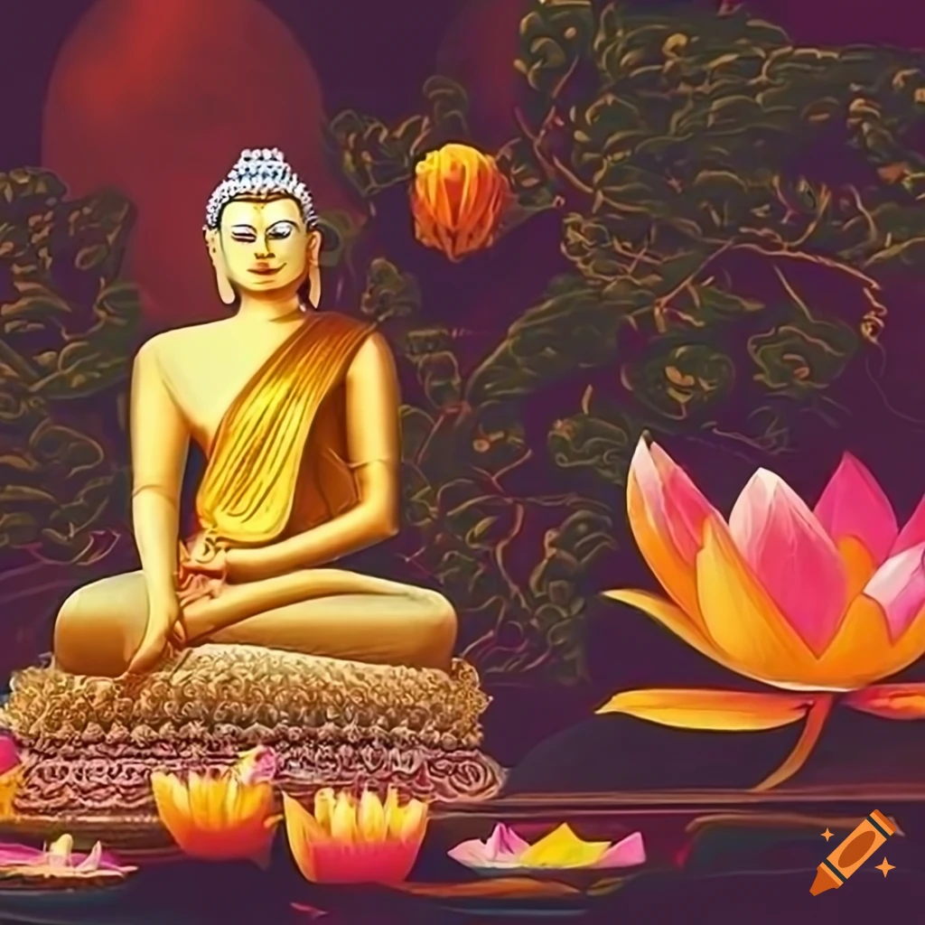 Vesak festival card with lantern, lotus flowers, Bodhi tree, Buddha statue, and Stupa