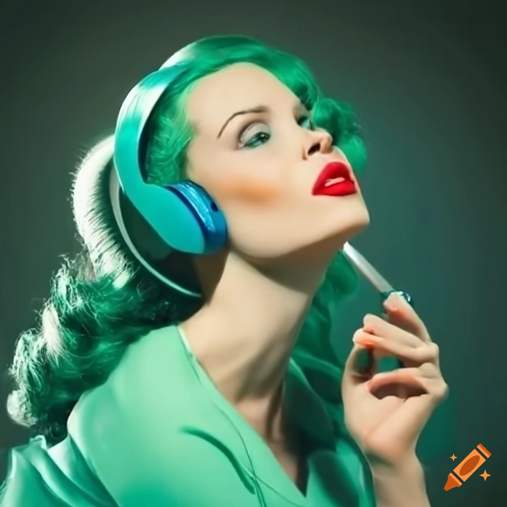 Woman with 1950s hairstyle getting hair done in a green salon with headphones