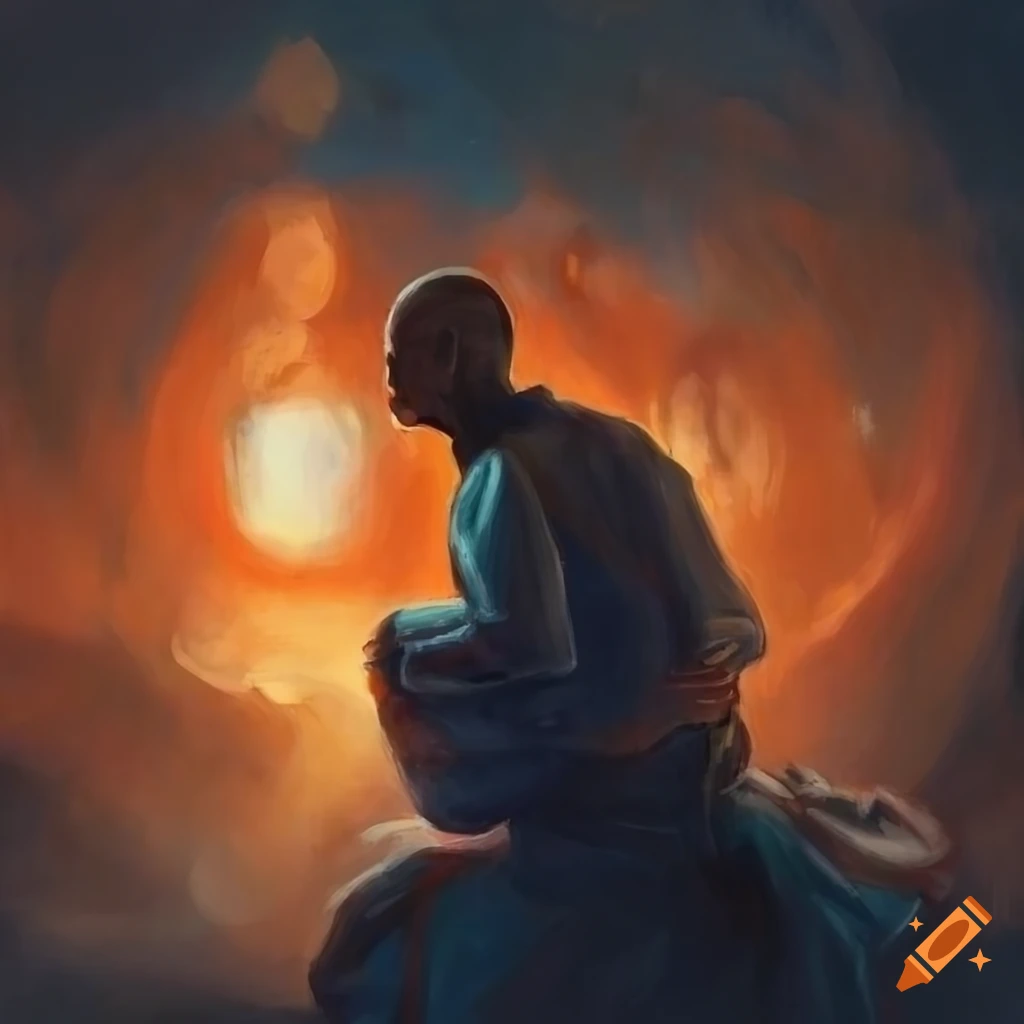 Solitary monk looking at Enki Bilal-style sunset
