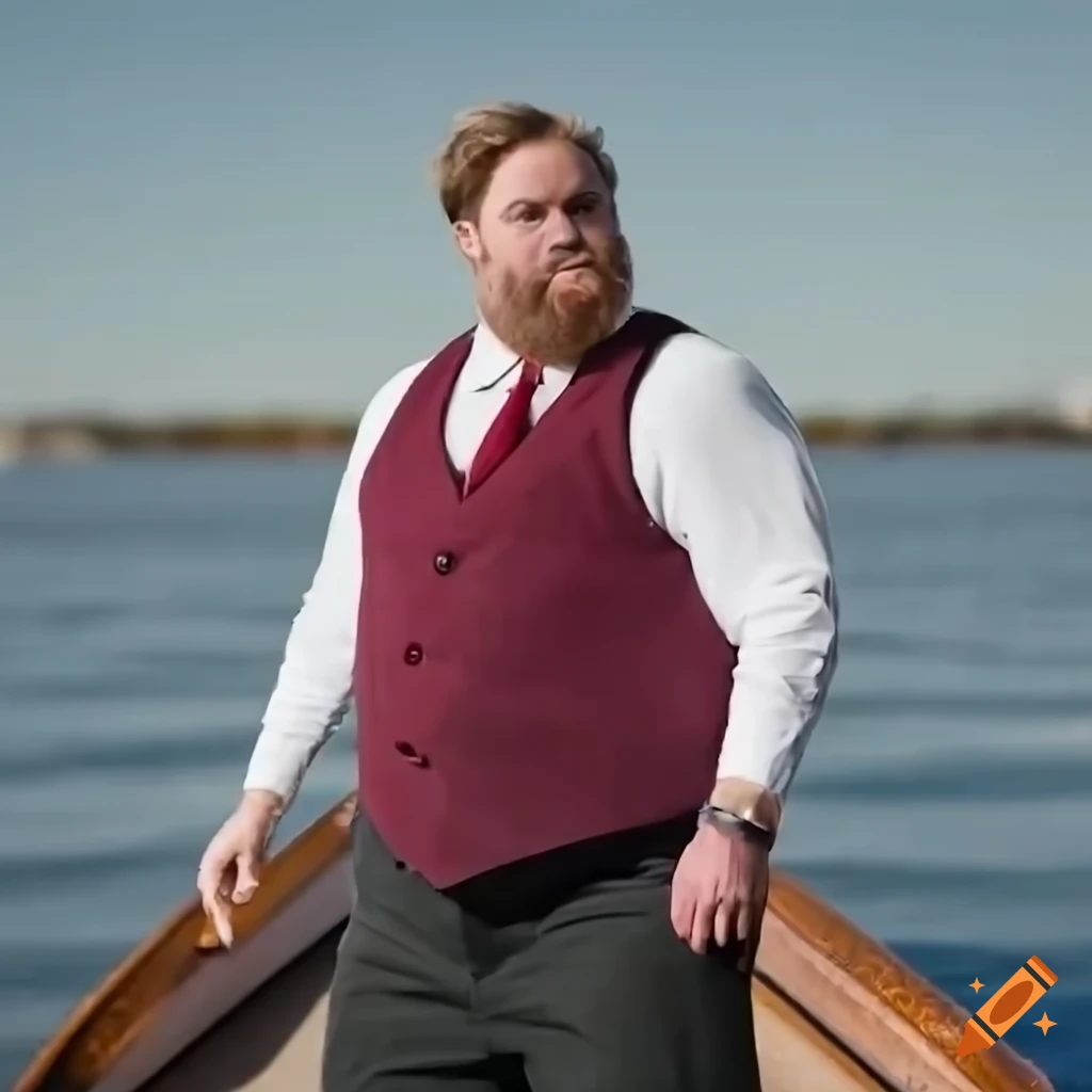 Man with dark blond hair and burgundy tie in a rowing boat