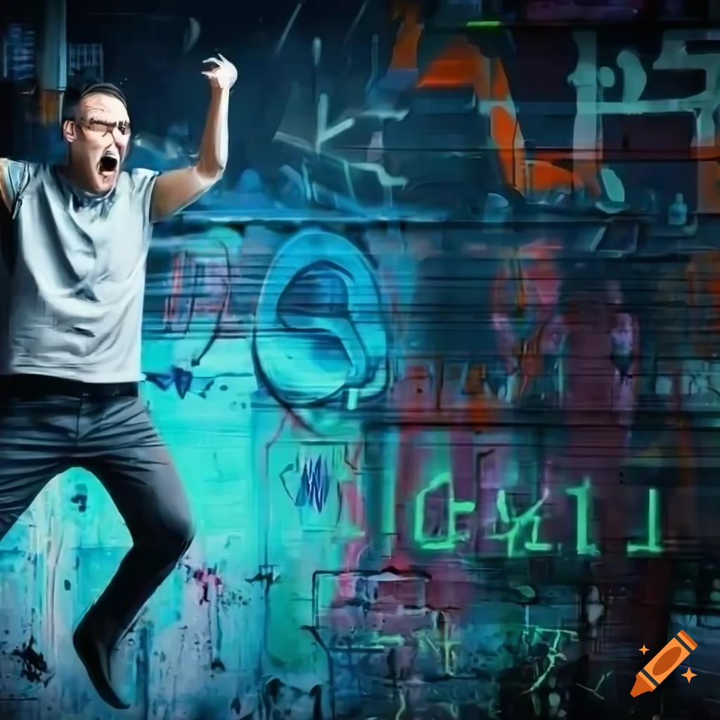 Accomplished man celebrating success with AI technology in a graffiti-styled background