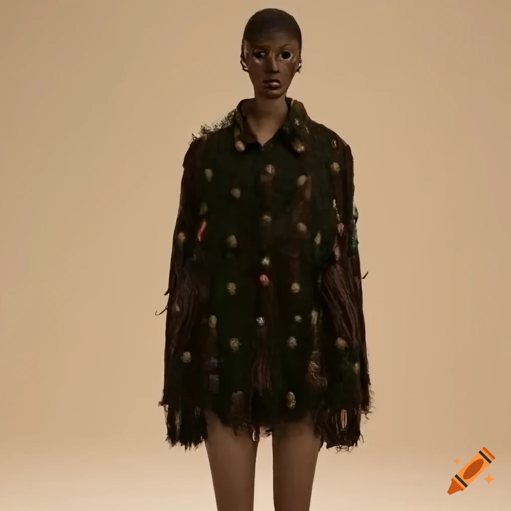 Egyptian-inspired fabric Prada shirt with tassels, beads, and pine trees