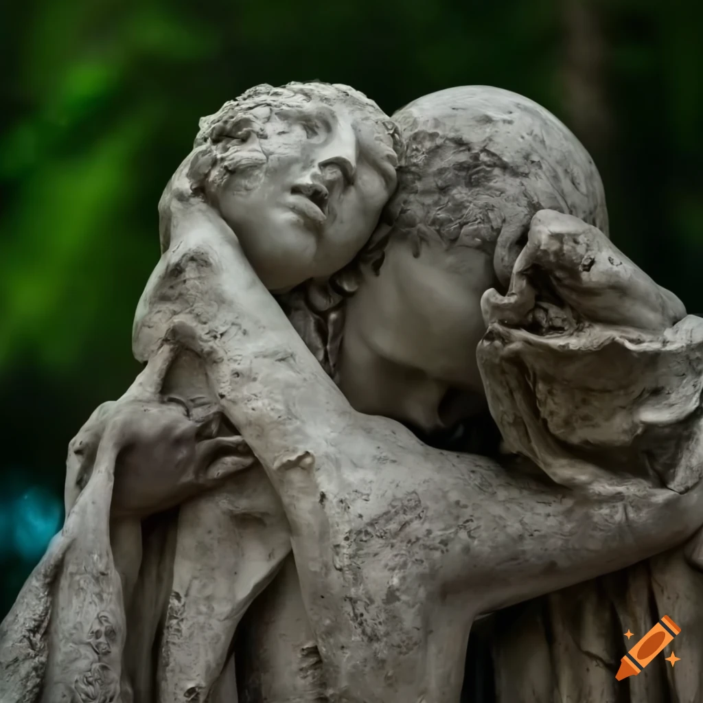 Statue hugging another decaying statue
