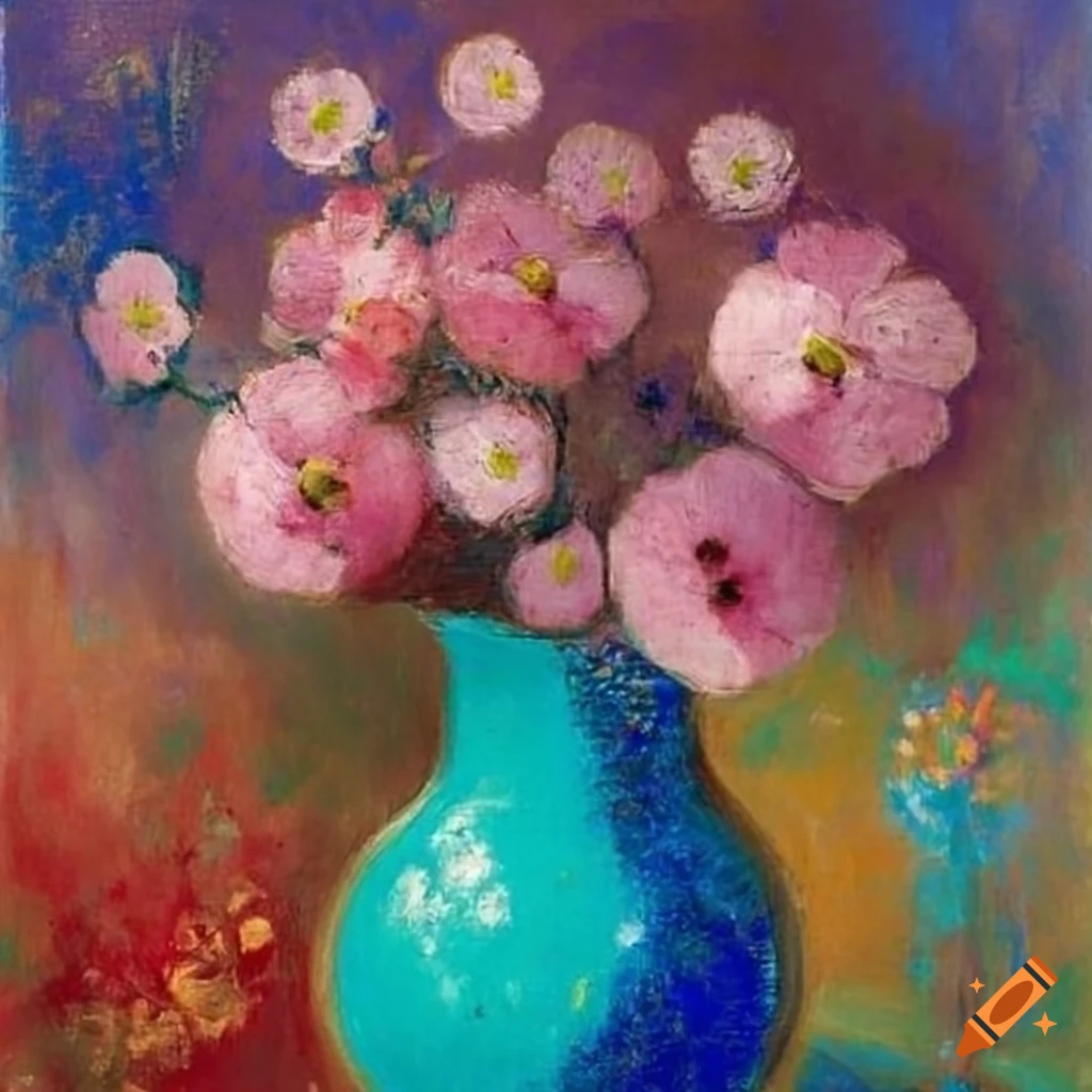 Pink flowers in a turquoise vase by odilon redon on Craiyon