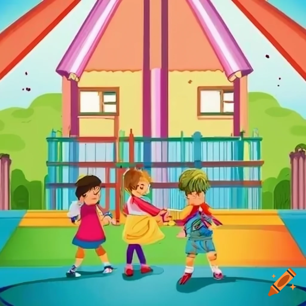 Vibrant schoolyard scene with colorful children