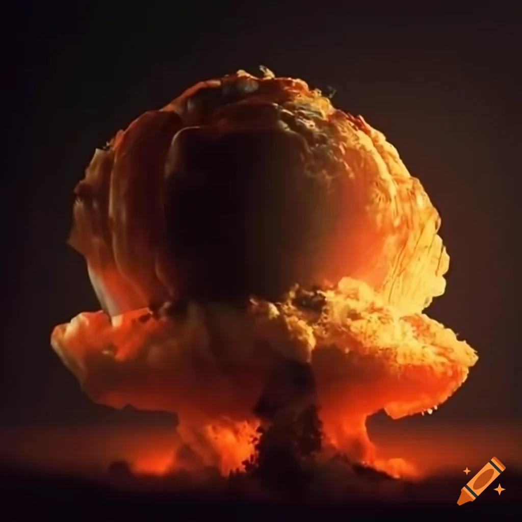 Nicolas Cage looking at camera with atomic bomb explosion
