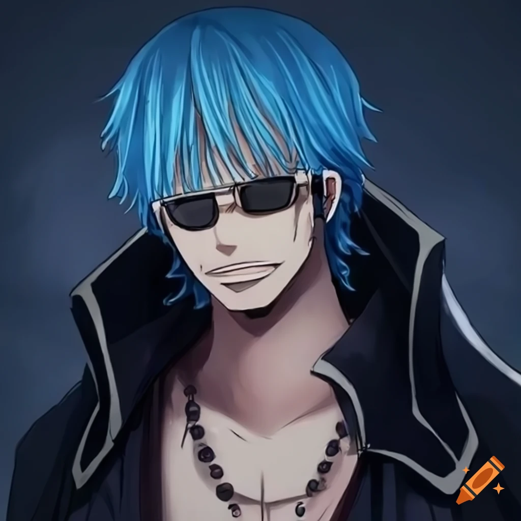 Anime male pirate with cybernetics, blue hair, and sunglasses holding a drink