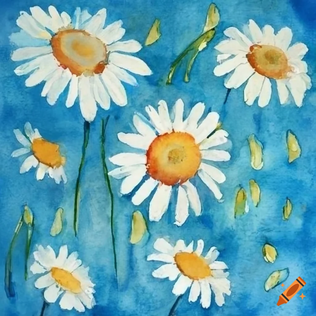 Daisies on a vivid blue background in watercolor painting