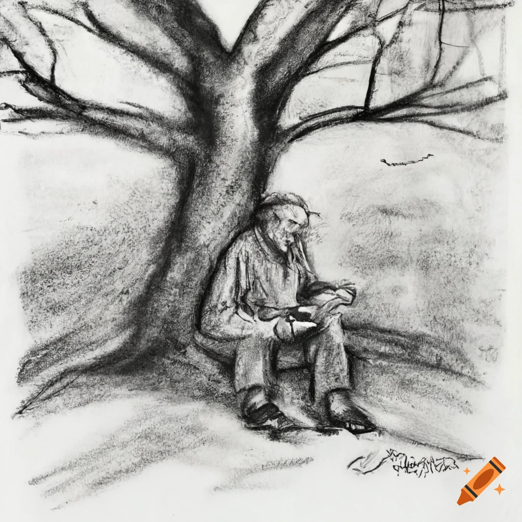 Old man sitting under a tree with a book on a hill in black and white
