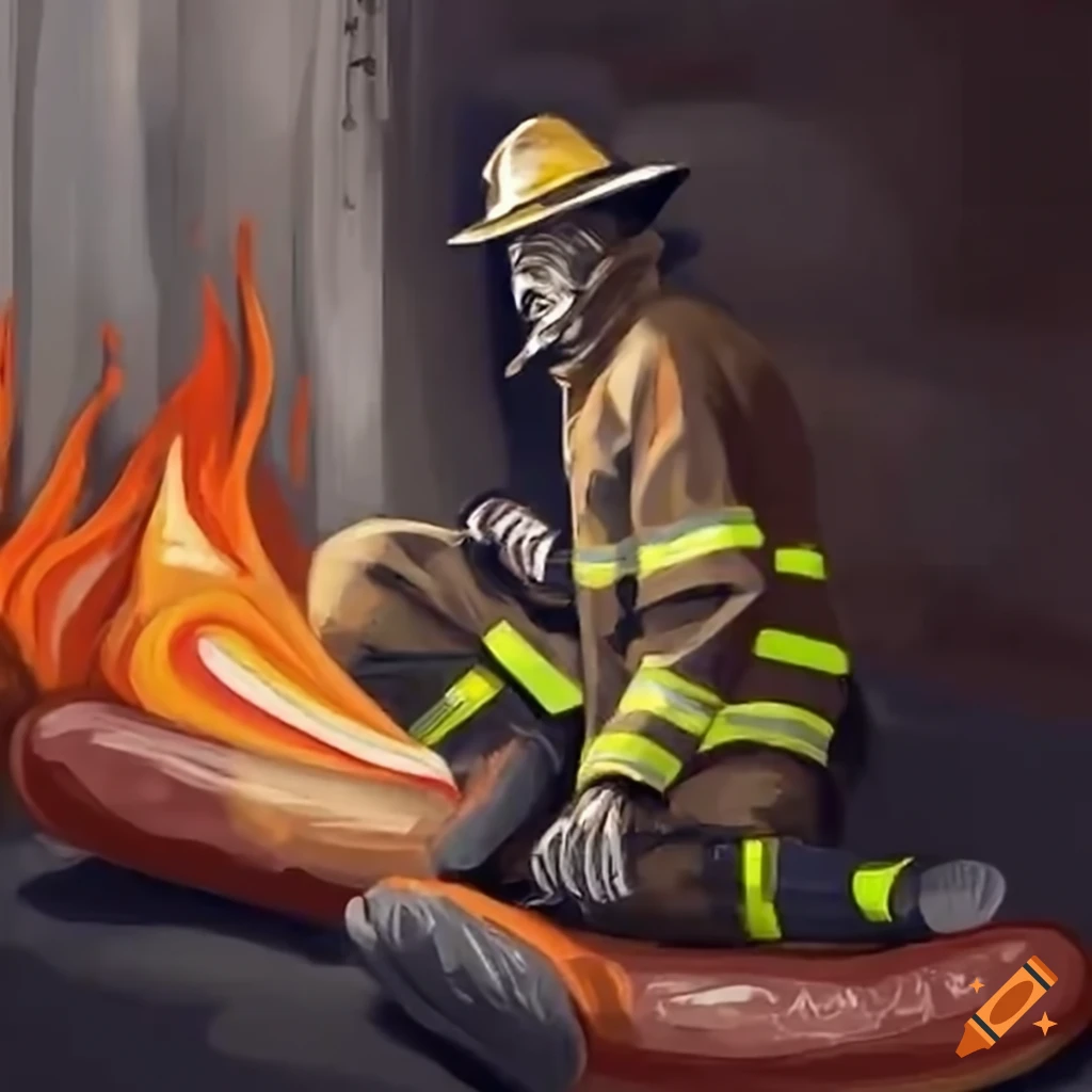 Firefighter enjoying a hotdog at fire scene