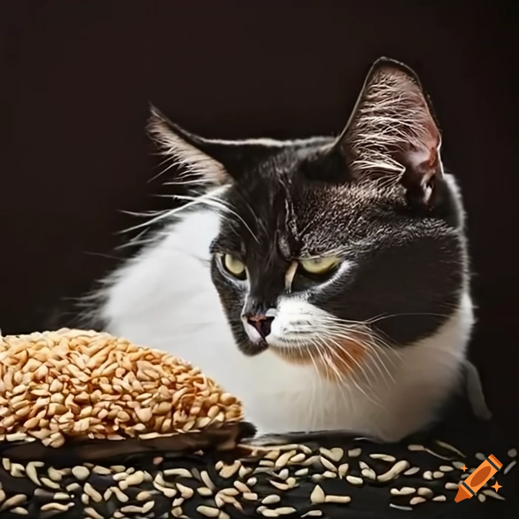 Large cat eating sesame seeds in black and white on Craiyon