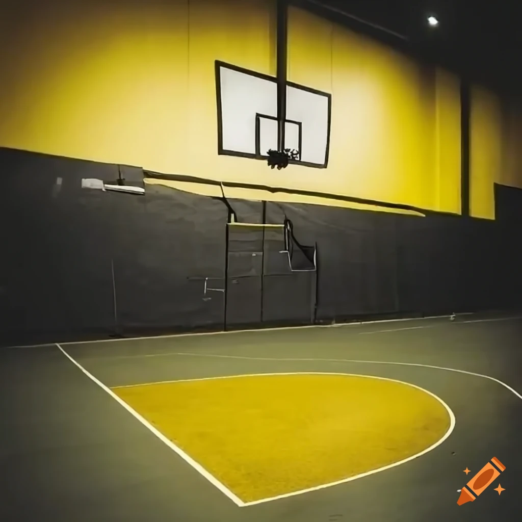 Basketball court with yellow, black, and white colors