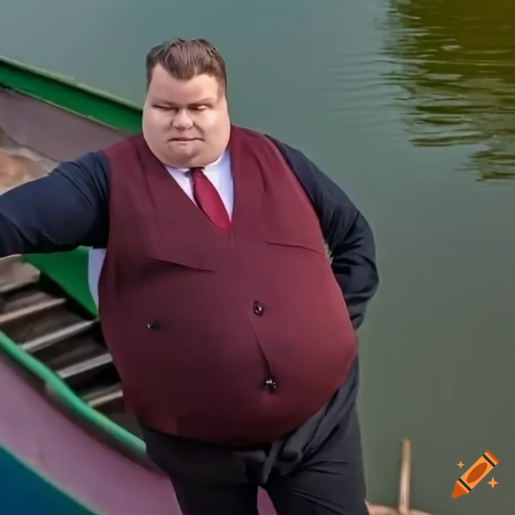 Stylish man in burgundy tie and vest standing in front of a rowing boat