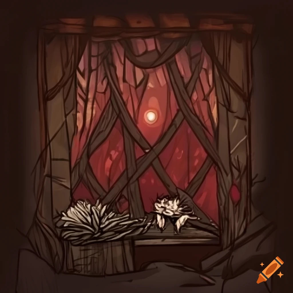 Forest behind a wooden fence with a basket of berries in a dark red palette